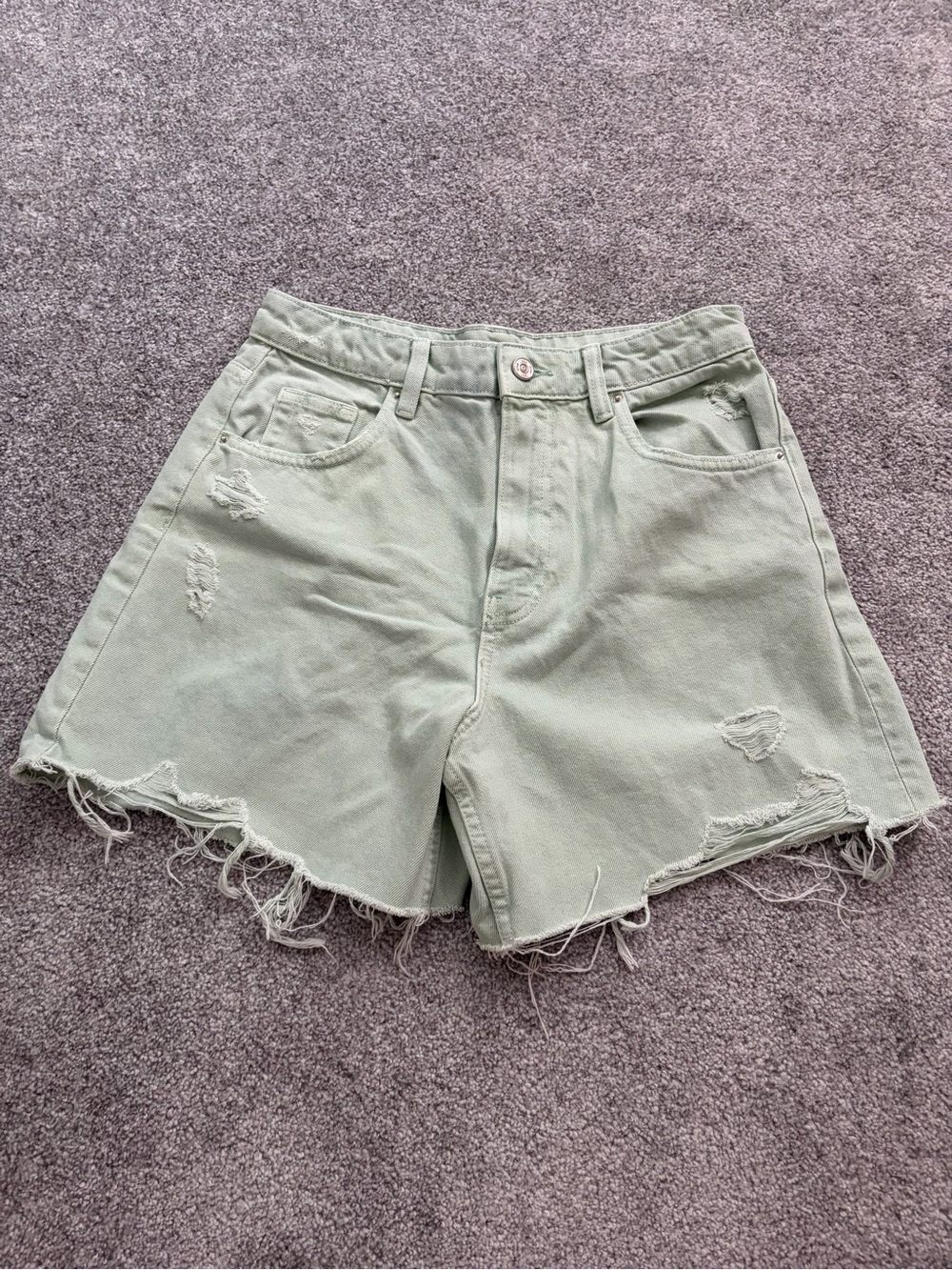 Zara Mint Green Distressed High-Waist Denim Shorts